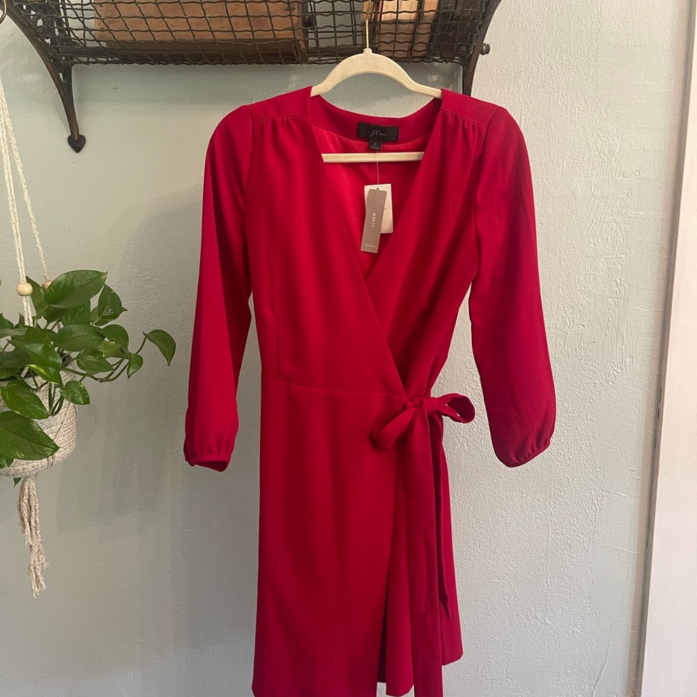 J. Crew Red Long Sleeve Wrap Dress V-Neck Cocktail